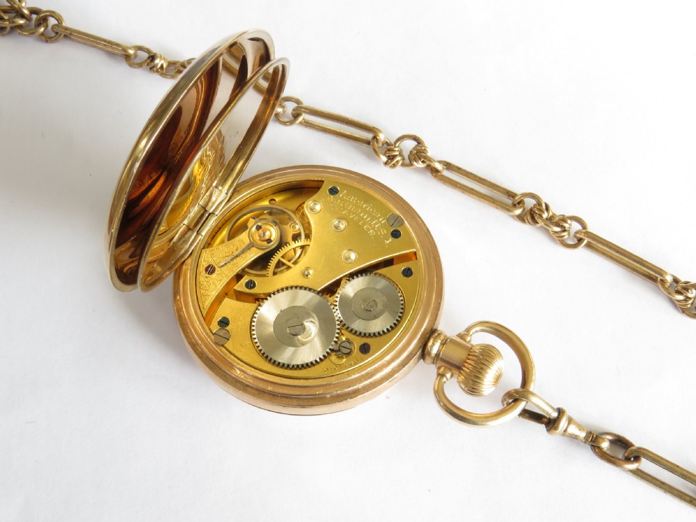 Antique Waltham Traveler half hunter pocket watch and chain View IV