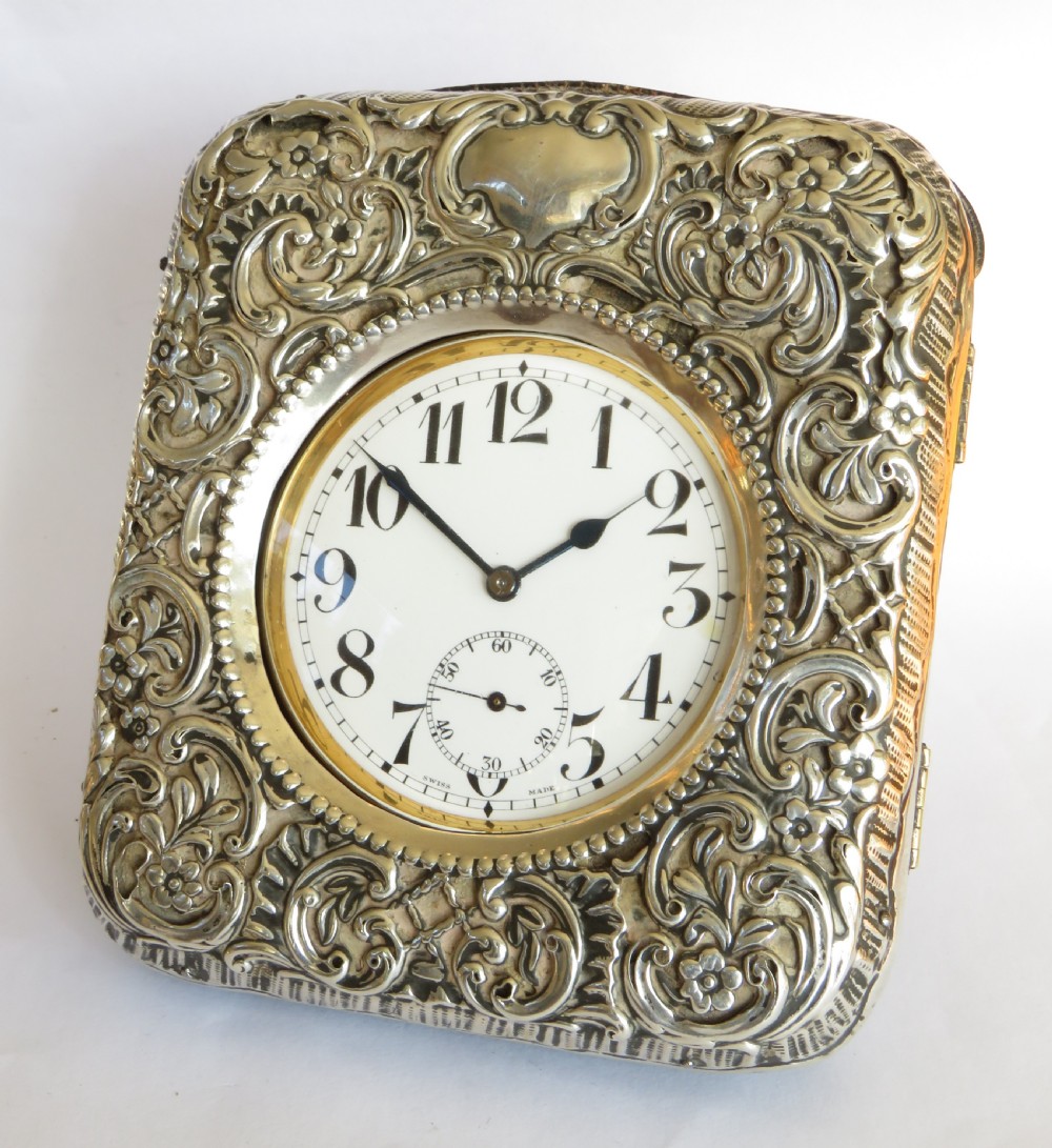 Antique silver cased travel clock, 1898
