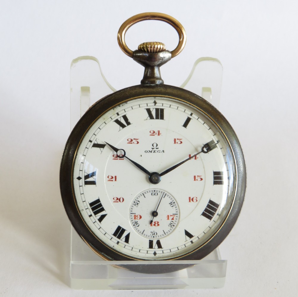 Antique Omega gun metal pocket watch View II