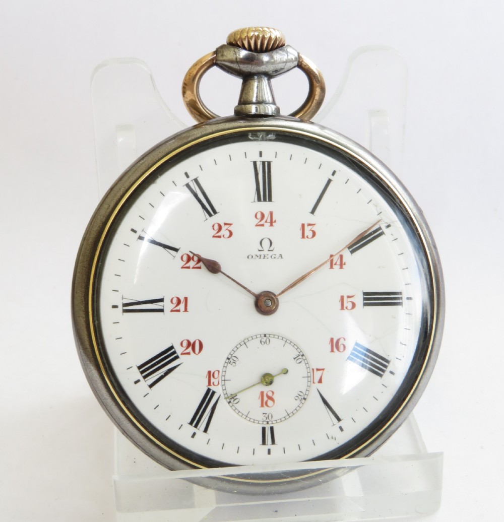 Antique Omega gun metal pocket watch View II