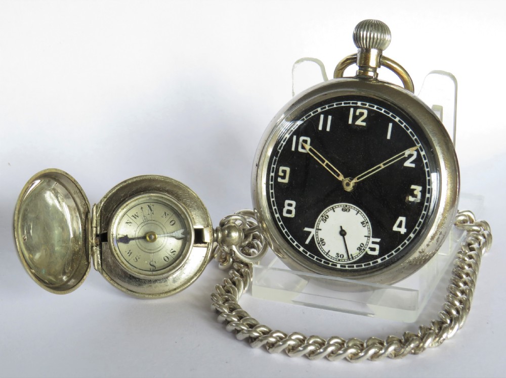 WW2 Unitas military pocket watch, chain and compass