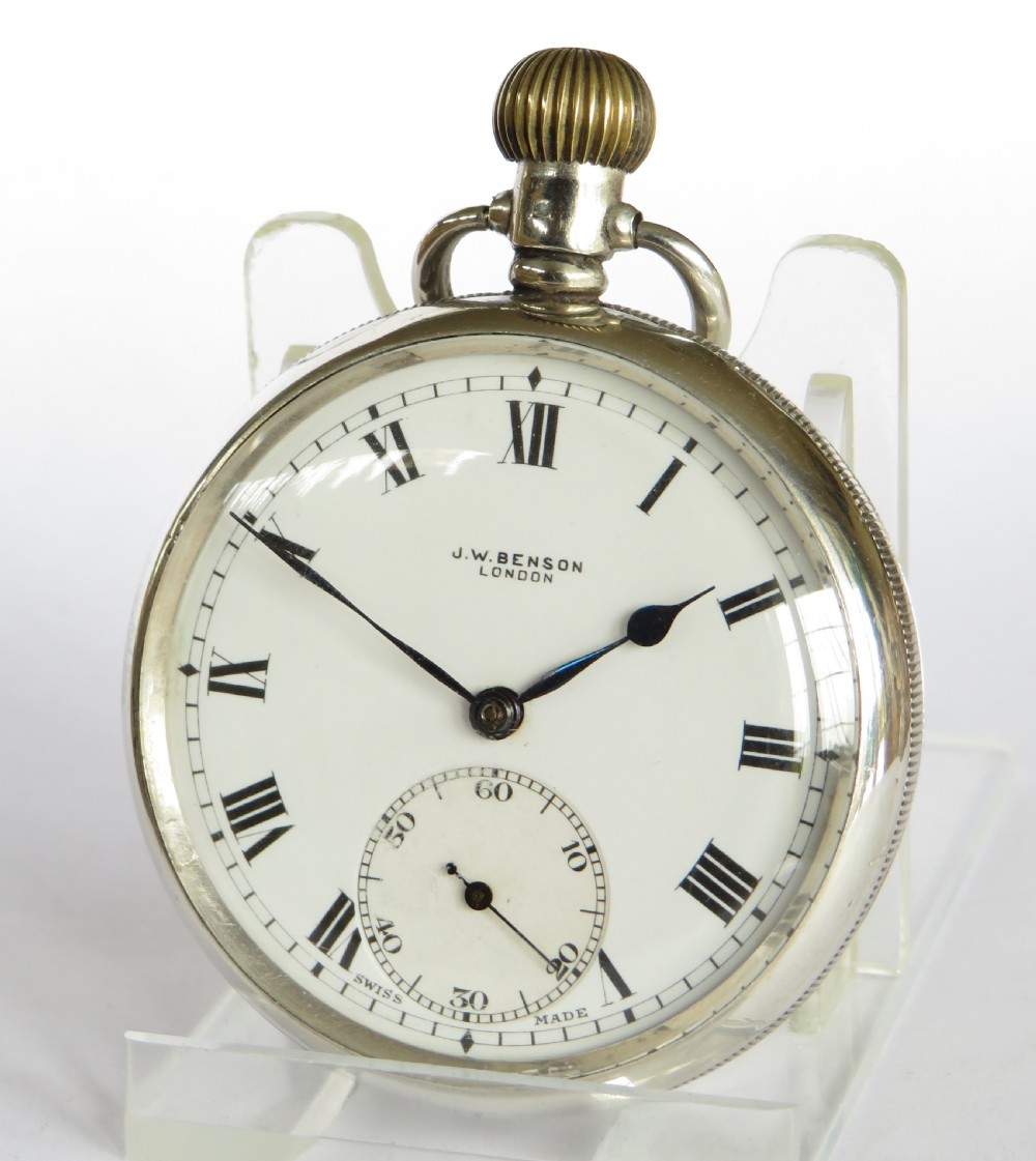 Silver Revue pocket watch for J W Benson. 1930