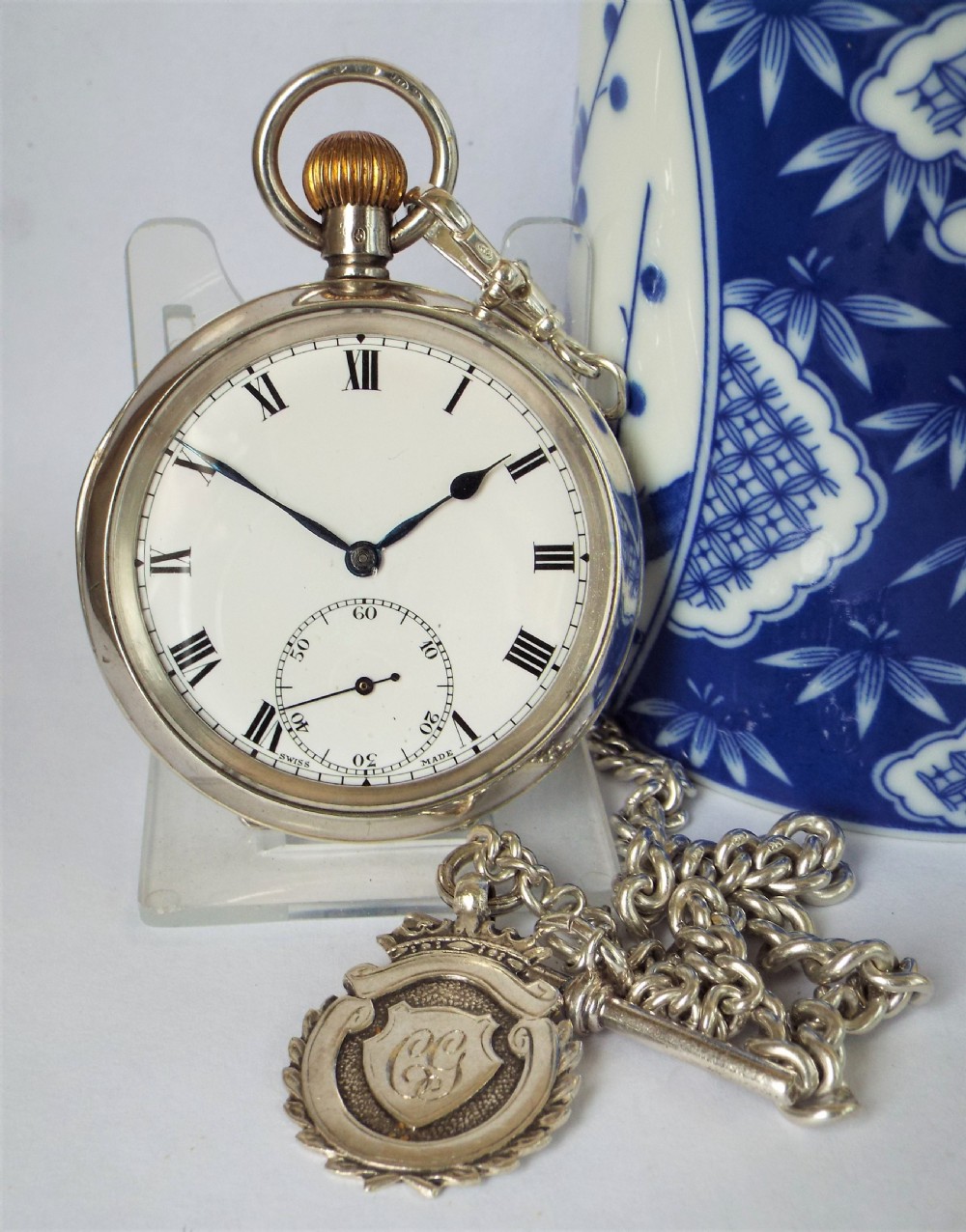 Antique  1919 silver  Syren pocket watch & chain.