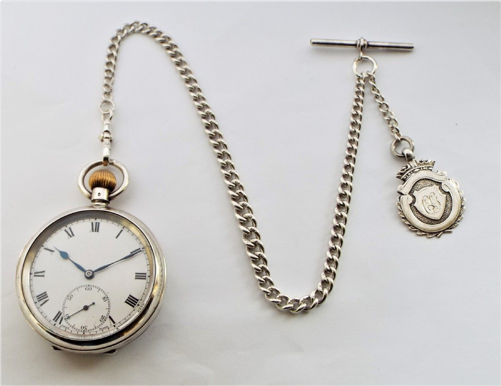 Antique  1919 silver  Syren pocket watch & chain. View III