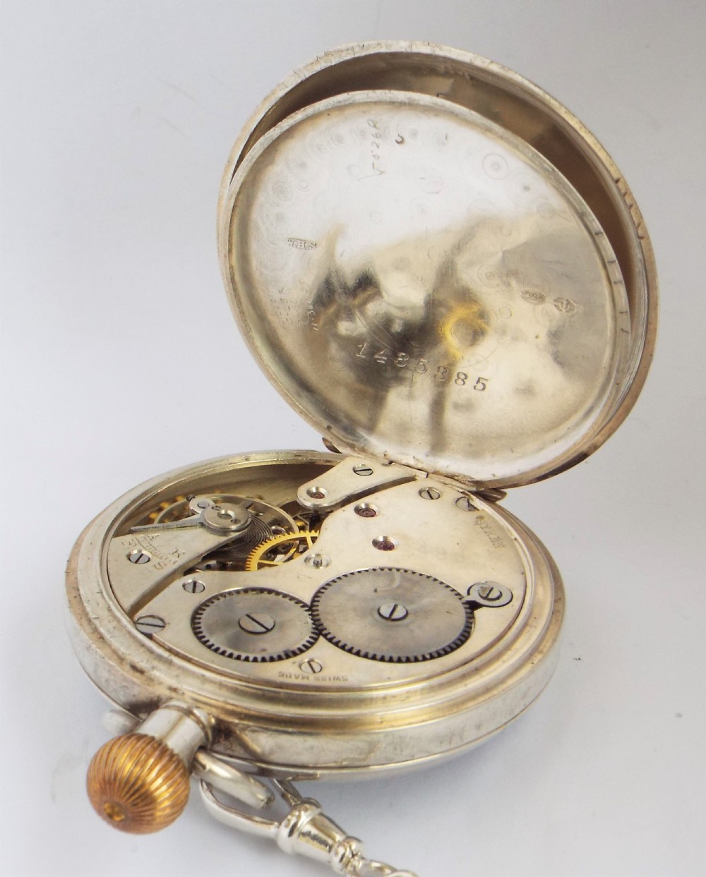 Antique  1919 silver  Syren pocket watch & chain. View V