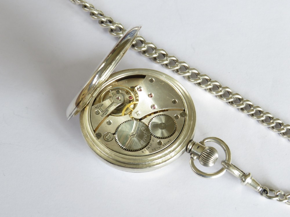 Antique silver half hunter pocket watch and chain View III