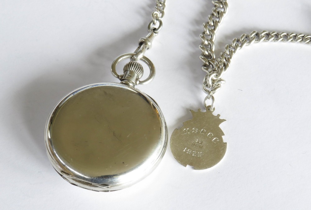 Antique silver half hunter pocket watch and chain View V
