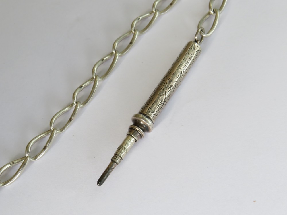 Antique silver pocket watch chain and propelling pencil View III
