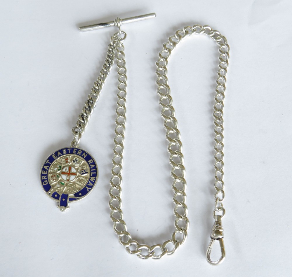 Antique silver pocket watch chain, GER railway fob