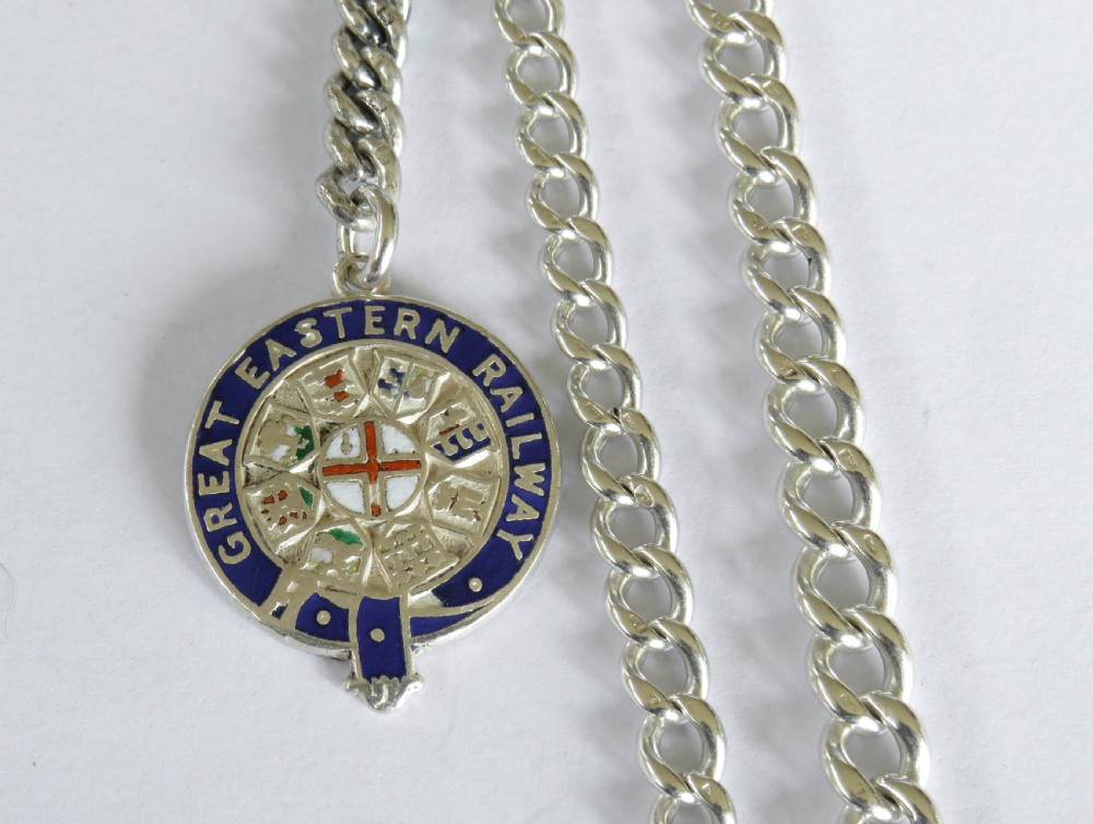 Antique silver pocket watch chain, GER railway fob View II