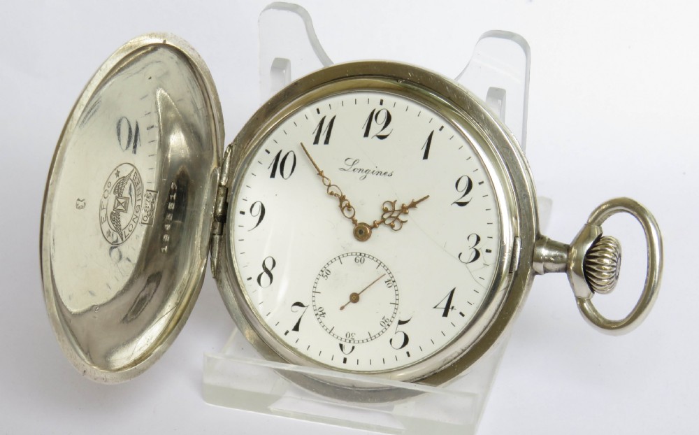 Antique Longines silver full hunter pocket watch, 1906