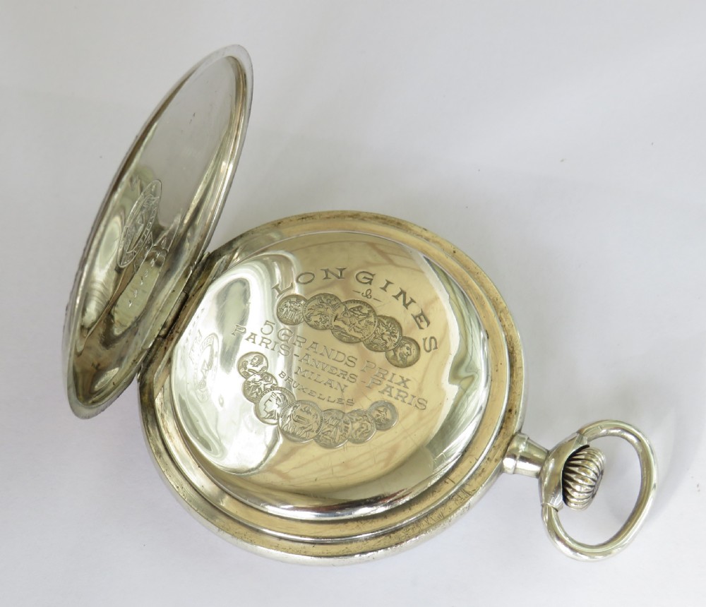 Antique Longines silver full hunter pocket watch, 1906 View V