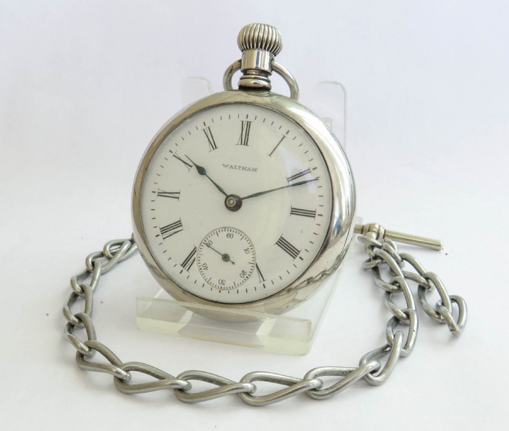 1914 Waltham Sterling pocket watch and chain.