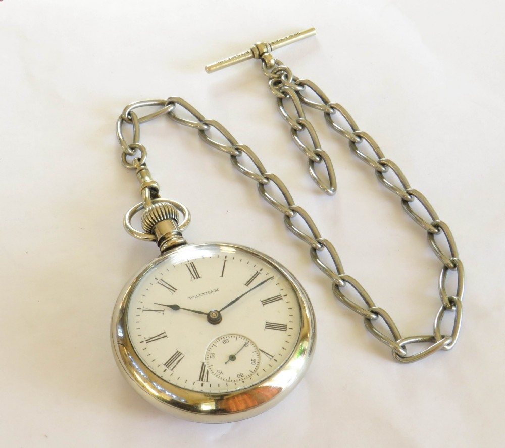 1914 Waltham Sterling pocket watch and chain. View II