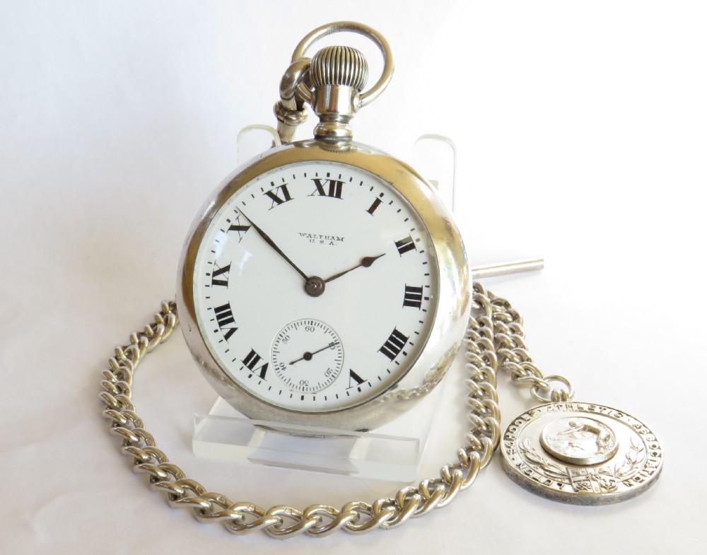 Antique silver Waltham pocket watch and chain 1919.