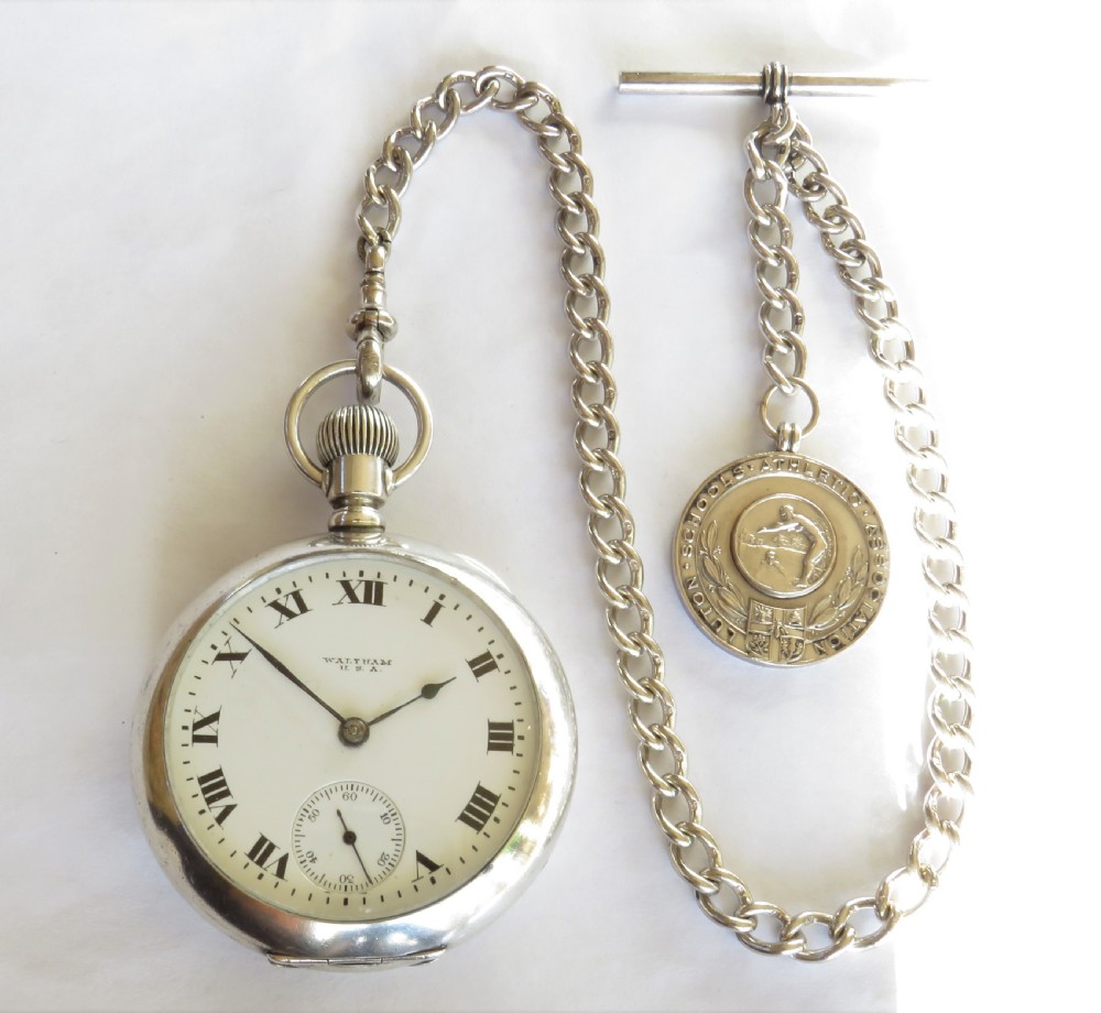 Antique silver Waltham pocket watch and chain 1919. View II