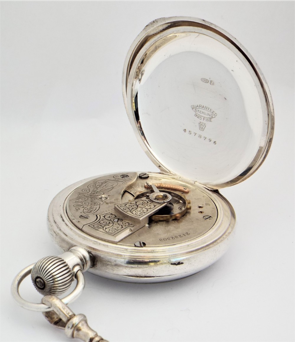 Antique silver Waltham pocket watch and chain 1919. View V