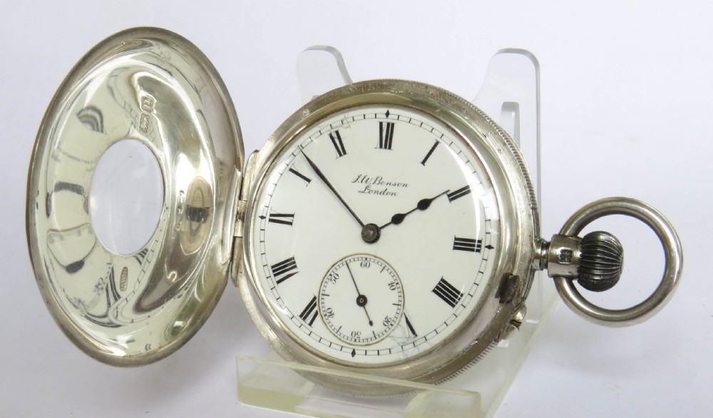 Antique silver half hunter pocket watch, J W Benson View II