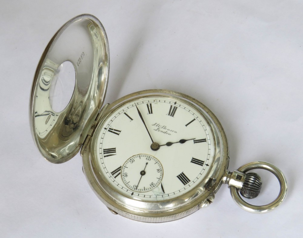 Antique silver half hunter pocket watch, J W Benson View III