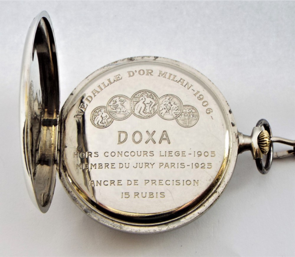 Antique 1920s Doxa pocket watch & chain. View V