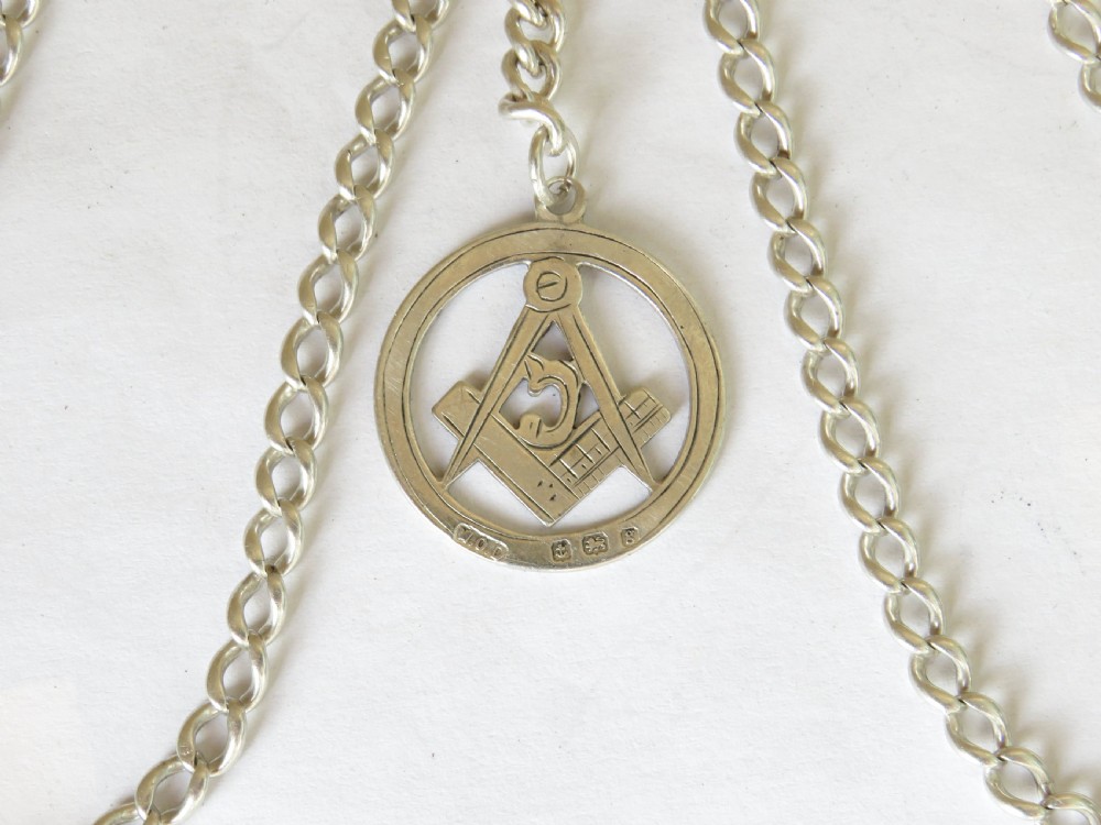 Antique silver double albert with Masonic fob View II