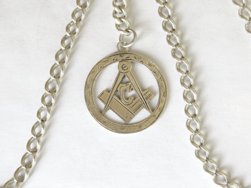 Antique silver double albert with Masonic fob View III