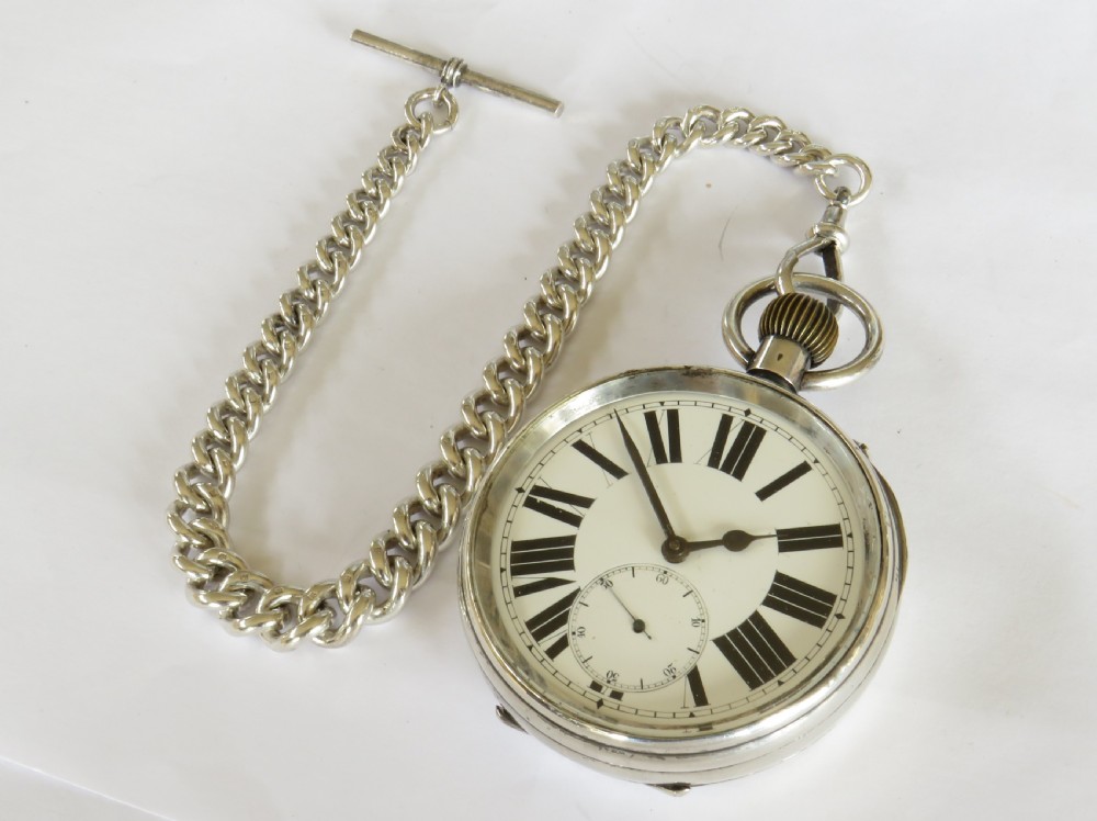 Antique silver goliath Stauffer pocket watch and chain View II