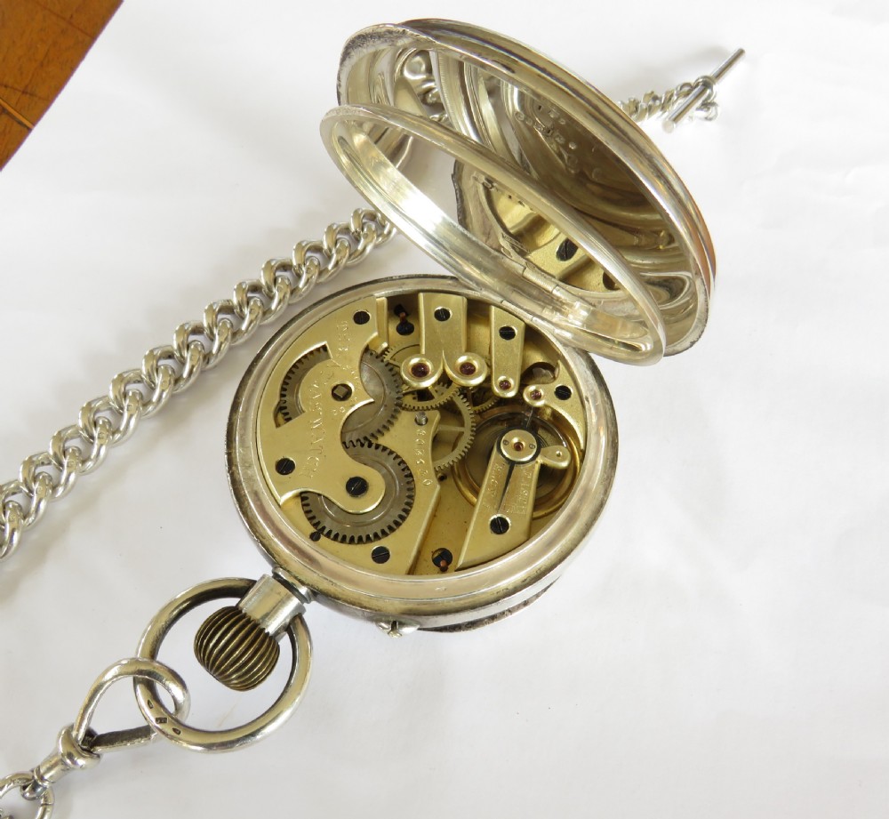 Antique silver goliath Stauffer pocket watch and chain View III
