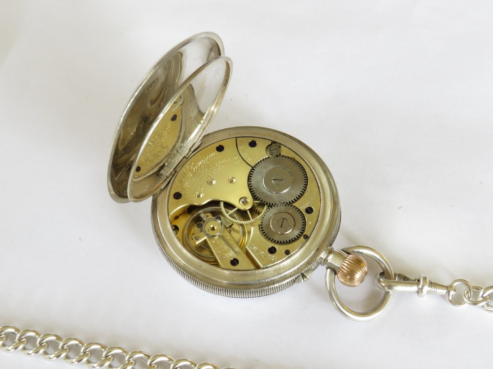Antique silver Longines pocket watch retailed by J W Benson, and chain View III