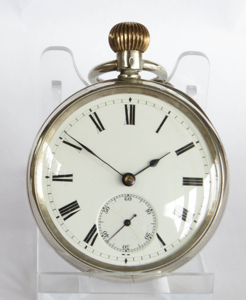 Antique silver Longines pocket watch retailed by J W Benson, 1909 View II