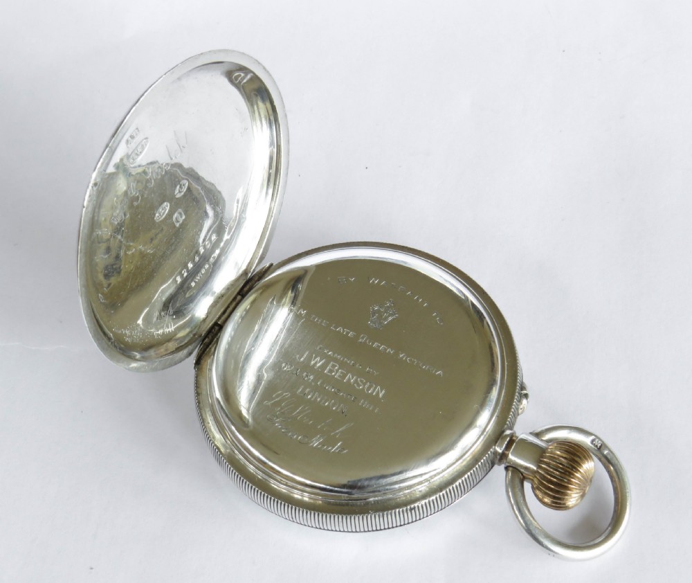 Antique silver Longines pocket watch retailed by J W Benson, 1909 View III