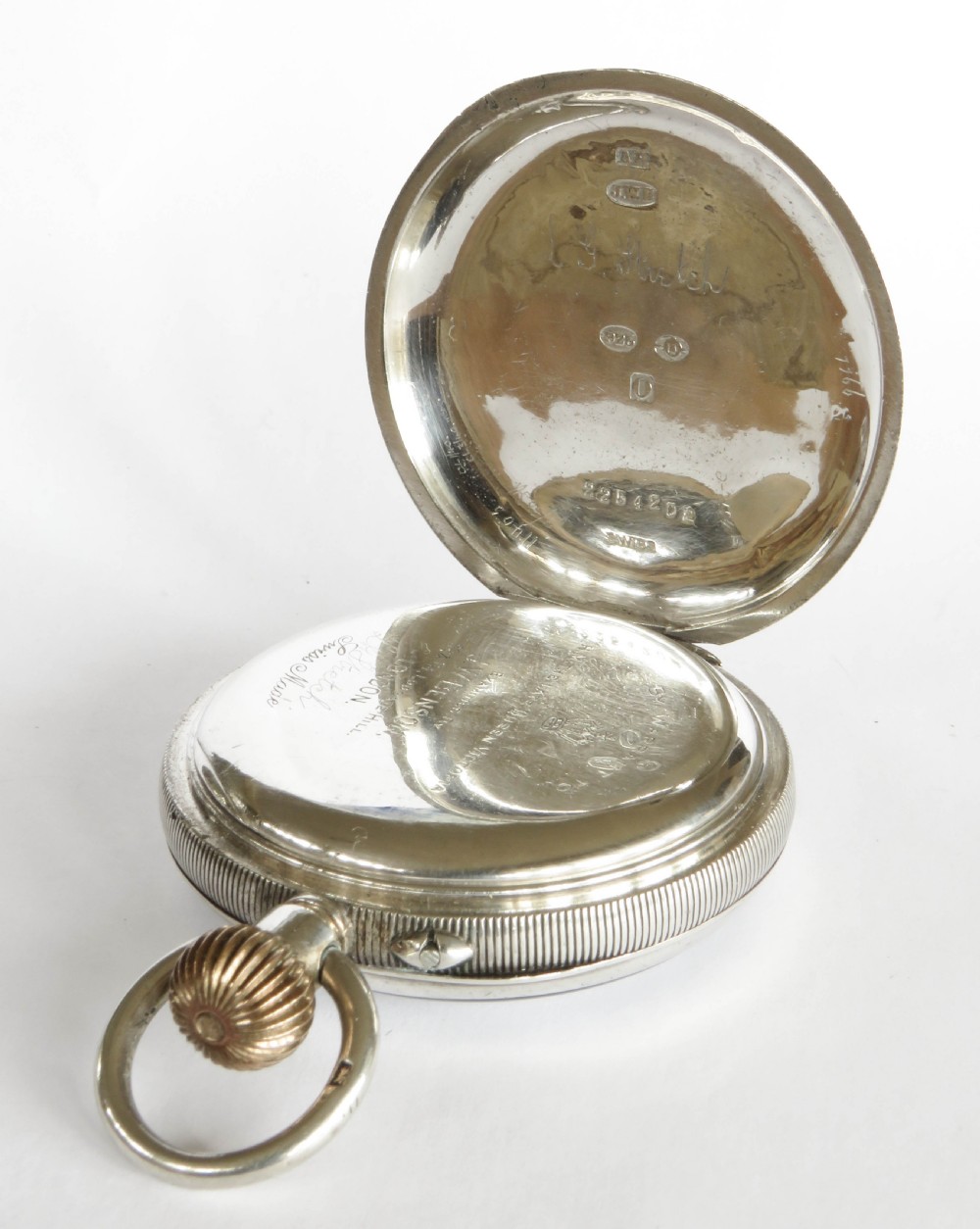 Antique silver Longines pocket watch retailed by J W Benson, 1909 View IV