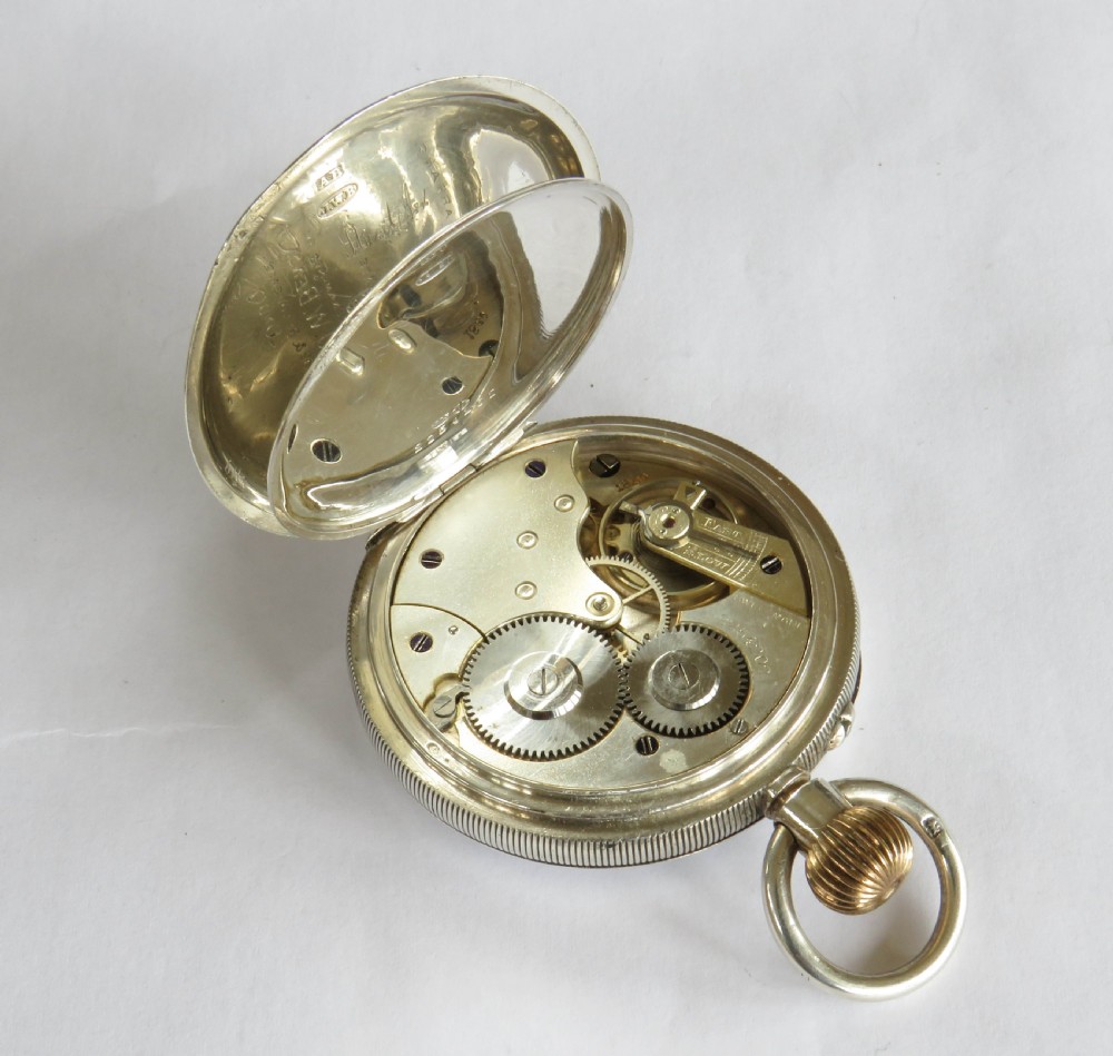 Antique silver Longines pocket watch retailed by J W Benson, 1909 View V