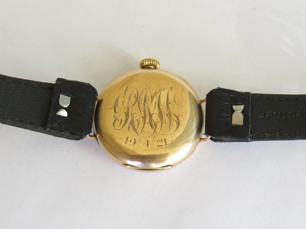 Gents antique 9ct gold wrist watch, 1919 View V