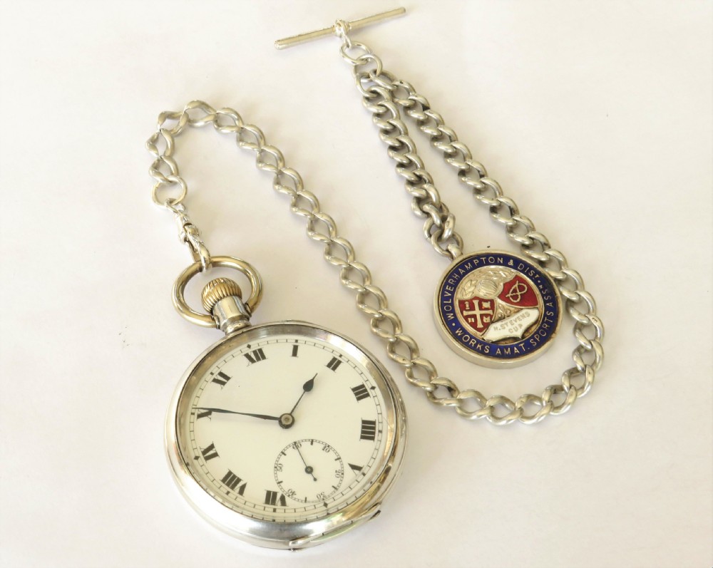 Antique silver Record pocket watch and chain View II