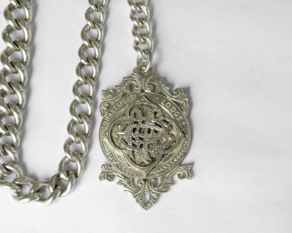 Antique silver watch chain and Masonic fob View II