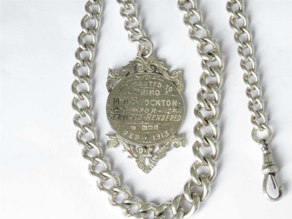 Antique silver watch chain and Masonic fob View III