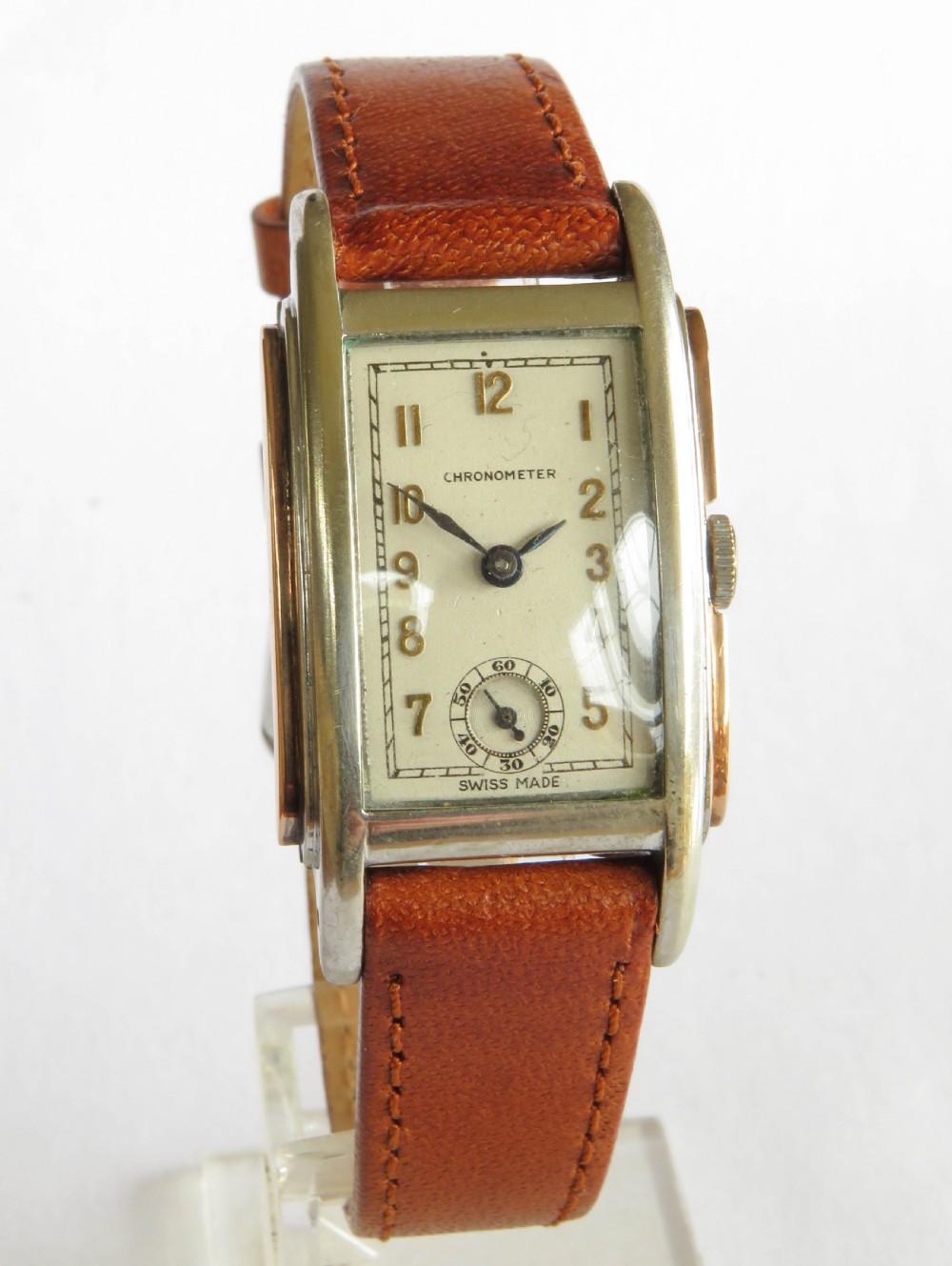 Art Deco stainless steel and rose gold curvex chronometer wrist watch View II