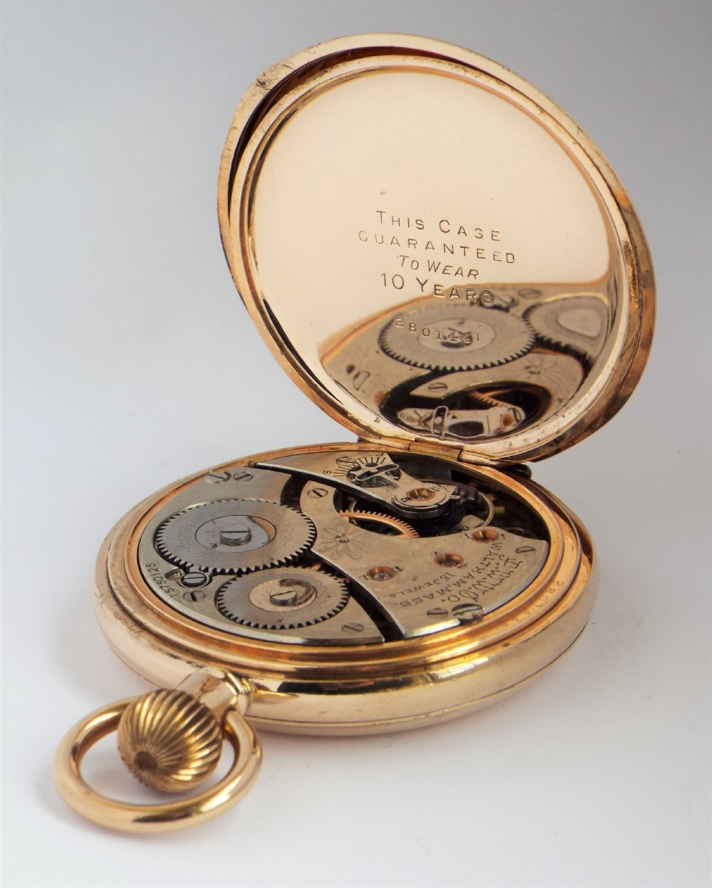 Antique 1907 Waltham hunter pocket watch. View V