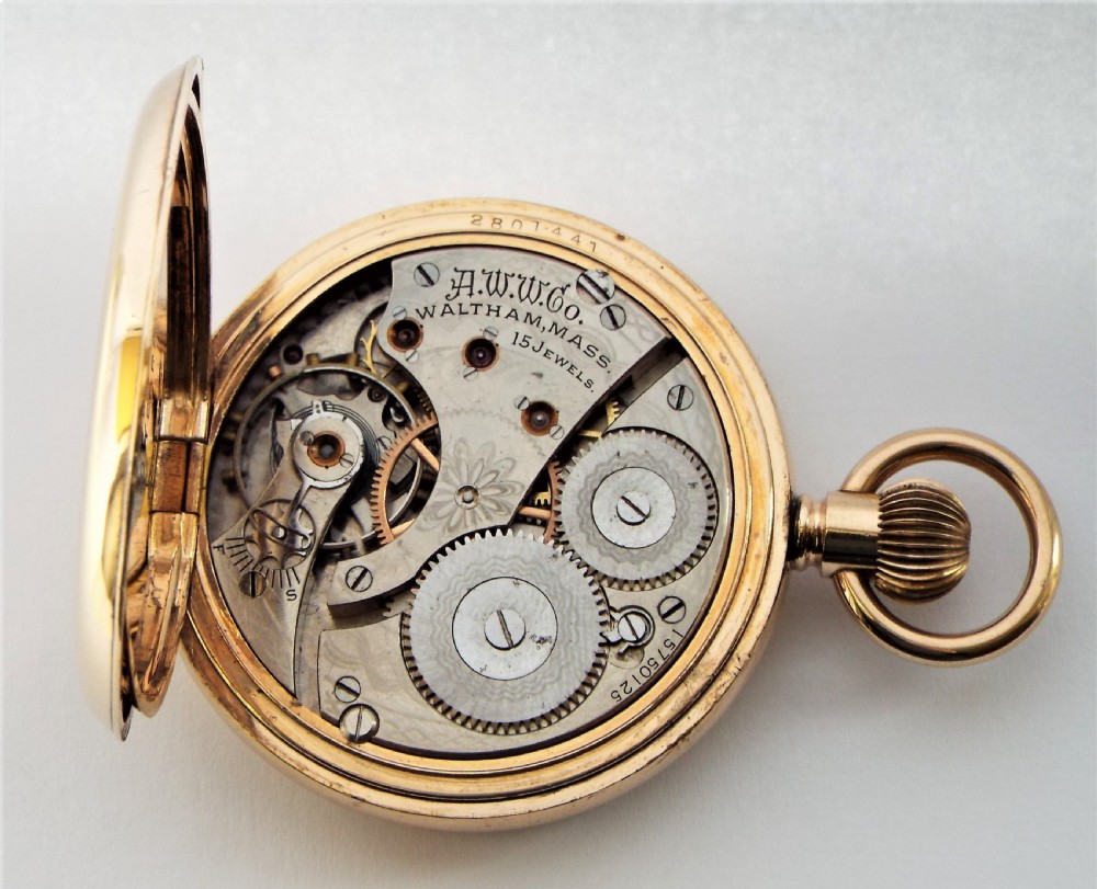 Antique 1907 Waltham hunter pocket watch. View VI