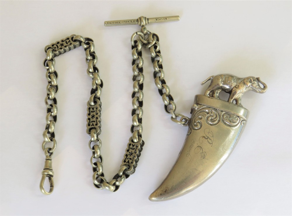 Antique elephant vesta case and chain