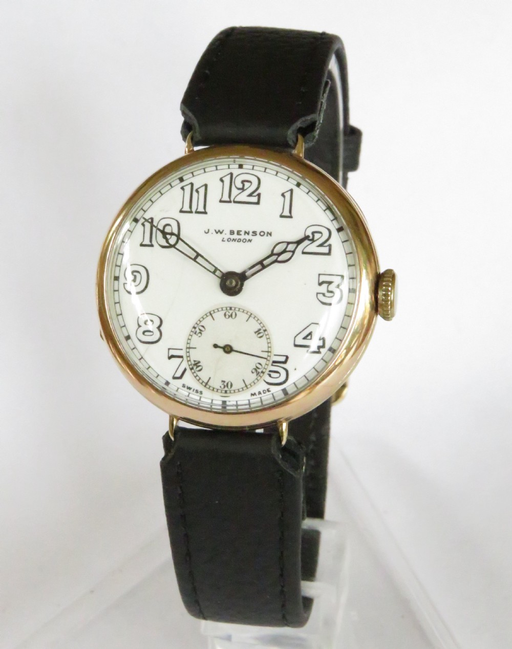 Gents antique WW1 9ct gold wrist watch, J W Benson View III