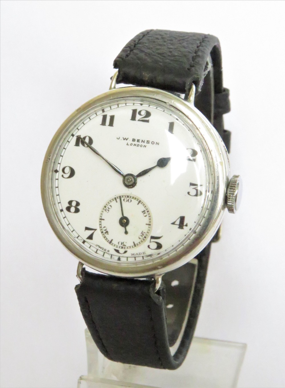 Gents 1934 silver wrist watch, J W Benson