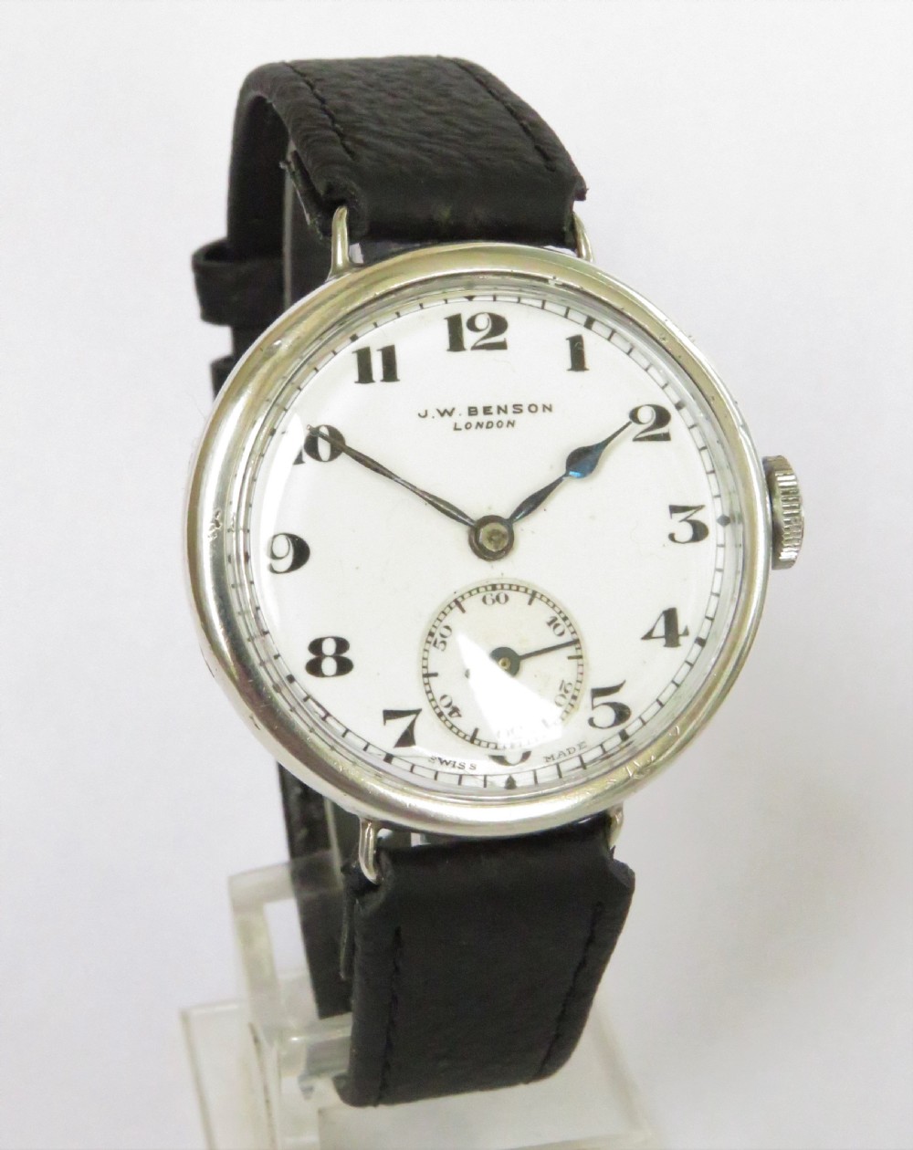 Gents 1934 silver wrist watch, J W Benson View II