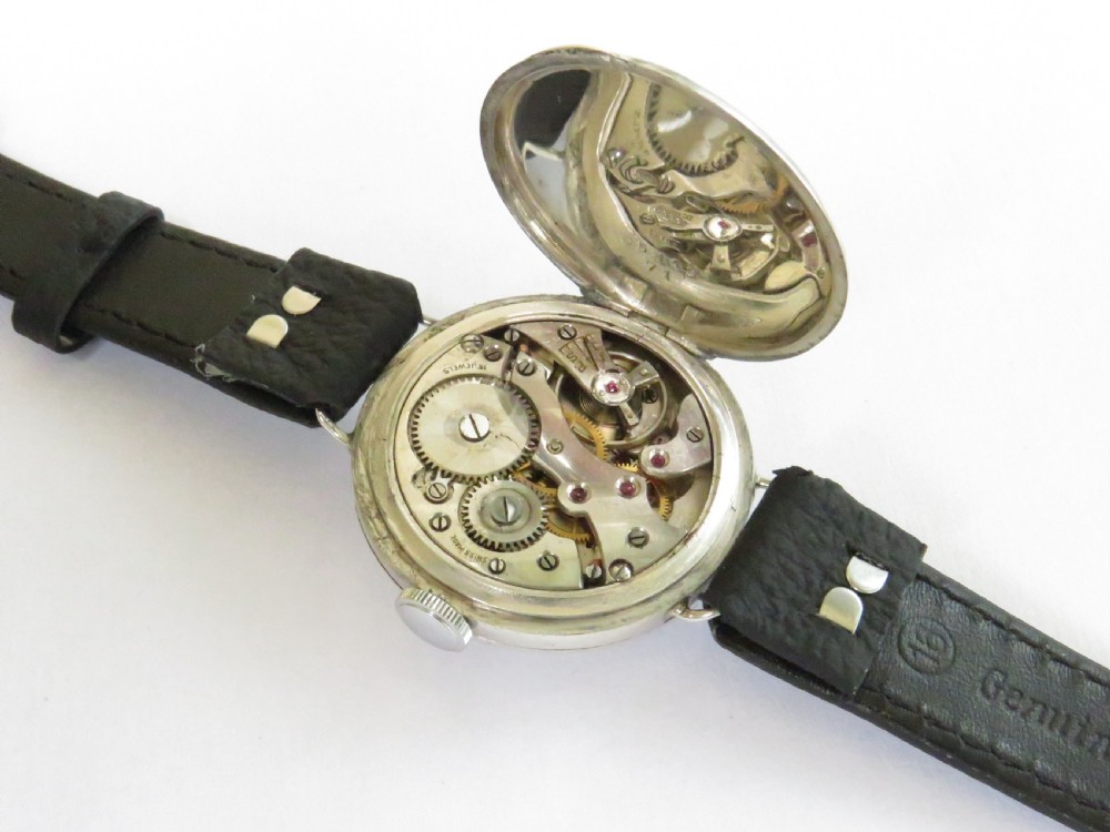 Gents 1934 silver wrist watch, J W Benson View III