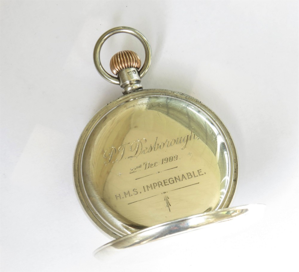 Antique silver half hunter pocket watch, HMS Impregnable View V