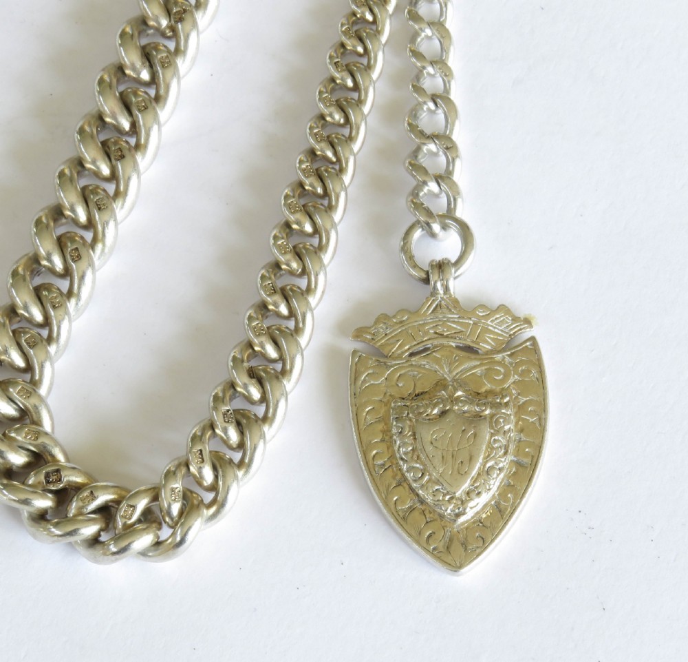 Antique 1890s silver watch chain and fob View V