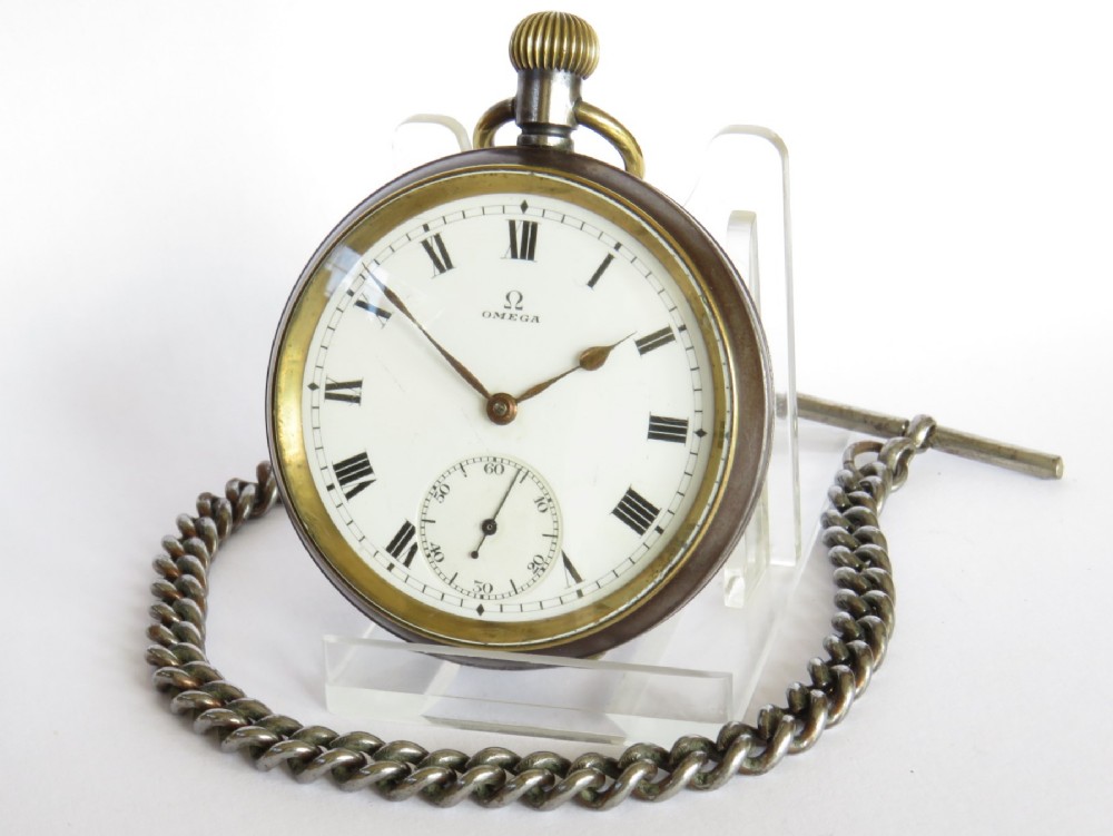 Antique gun metal Omega pocket watch and chain