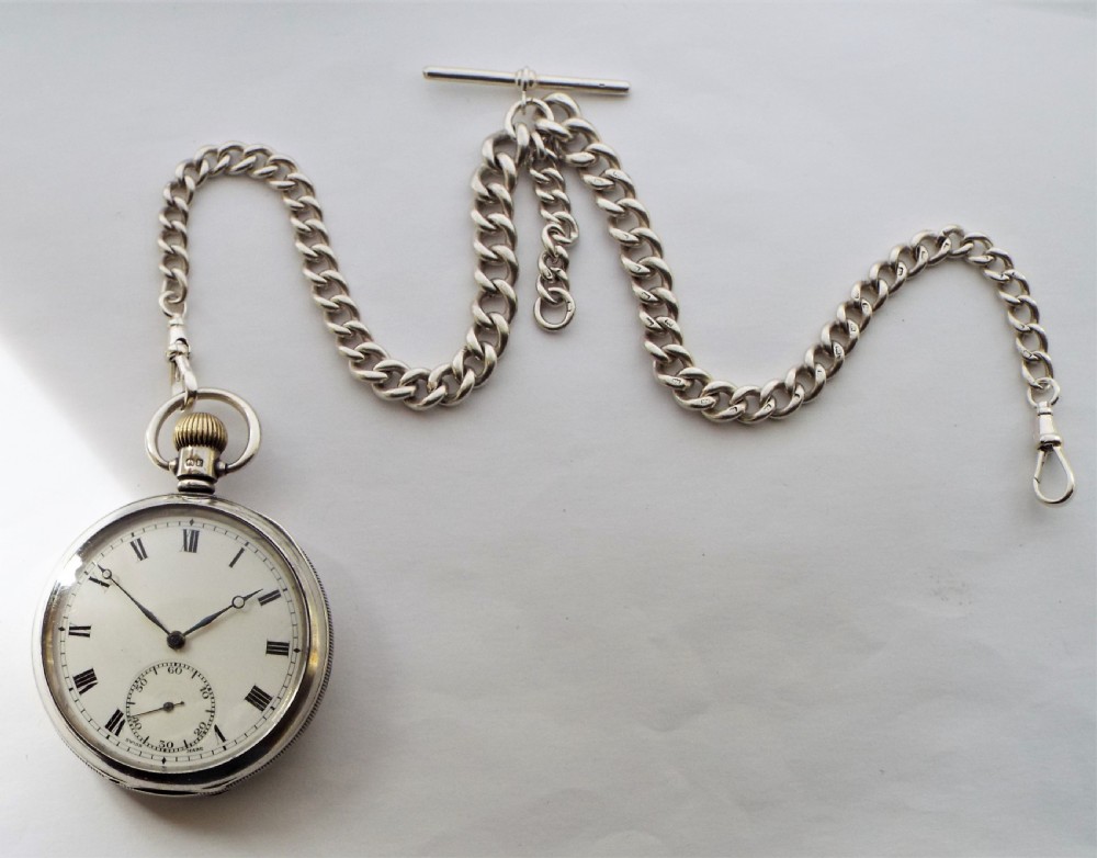 1930 silver Buren pocket watch and chain. View III