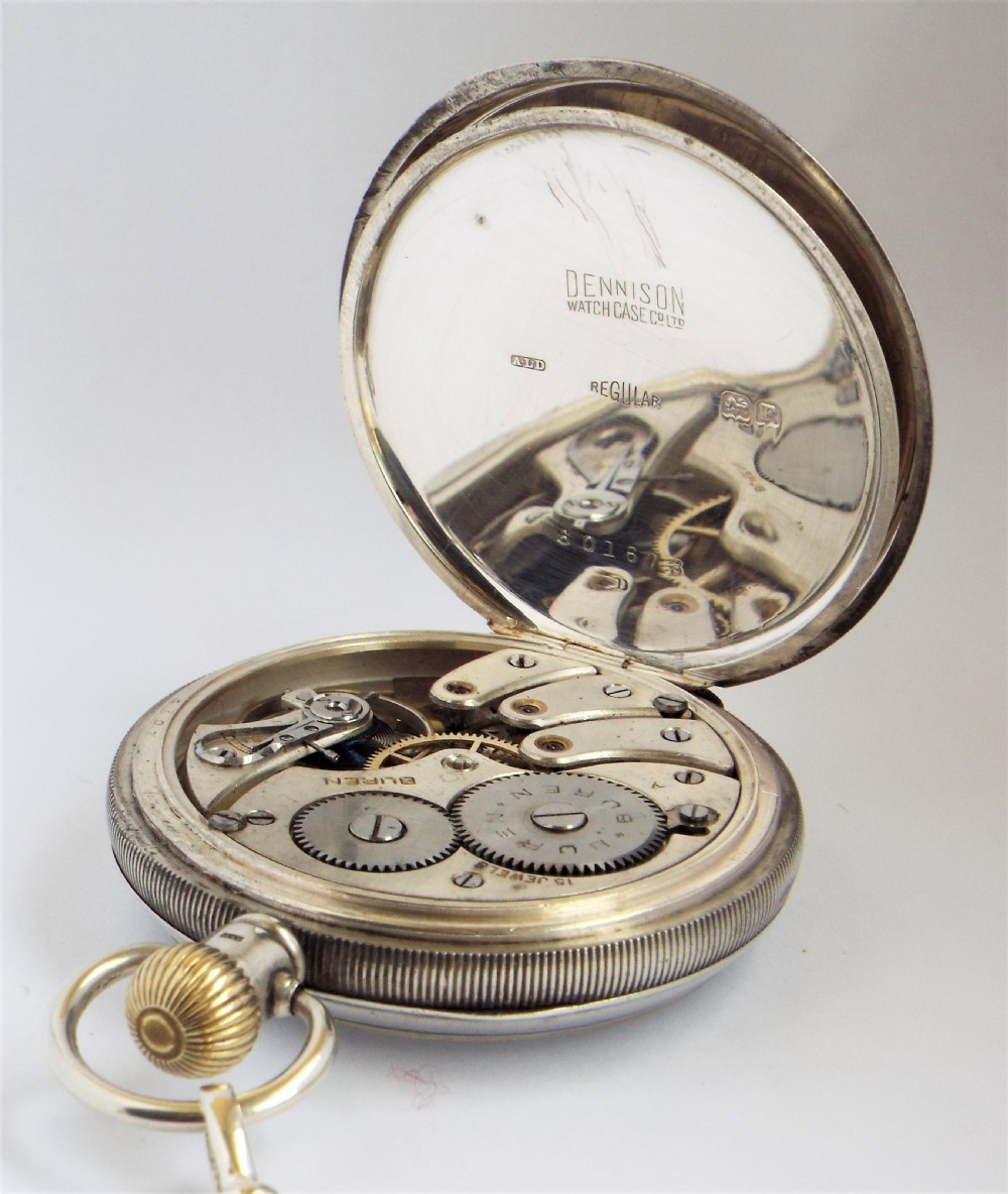 1930 silver Buren pocket watch and chain. View V